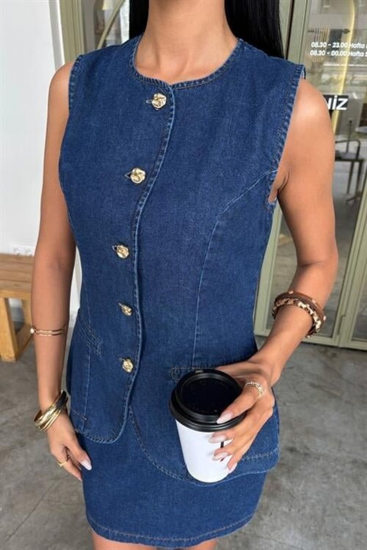 Kolsuz Yelekli Mini Etekli Denim Takım 10164