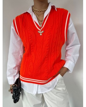 Şeritli Kışlık V Yaka Süveter -Turuncu