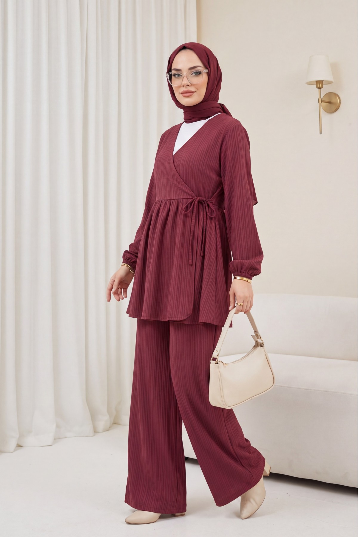 İçten Bağlamalı Tunik Bol Paça Pantolonlu Takım -Bordo