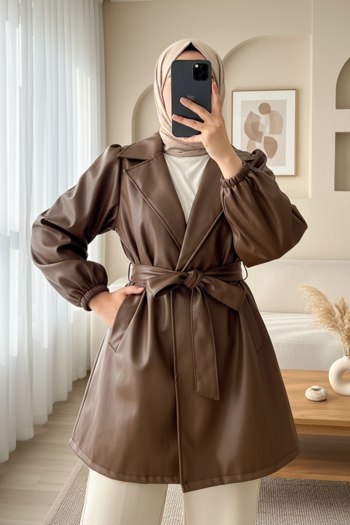 Double Pocket Buttoned Elastic Sleeve Leather Coat  -Snuff