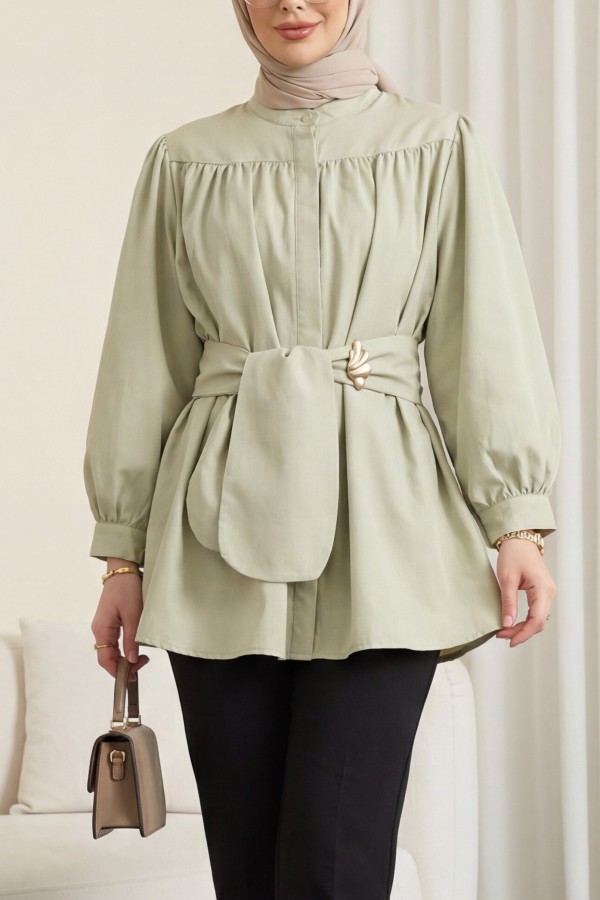Poplin Tunic with Hidden Button and Belt -Cagla Green
