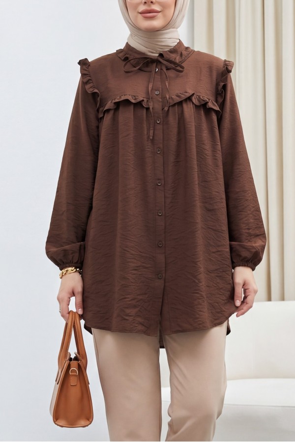 Cupra Shirt with Tie Collar, Elasticated Sleeves and Ruffles -Brown