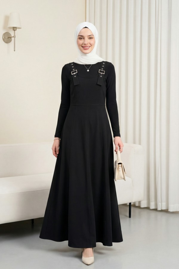 صدرية من قماش الجبردين بنصف سحاب وأشرطة -أسود