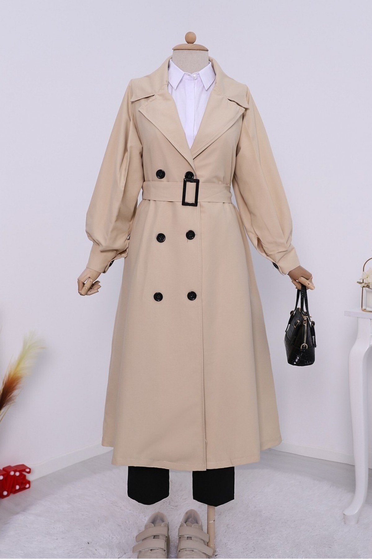 Balloon Sleeve Buckle Belt Side Pocket Trench Coat