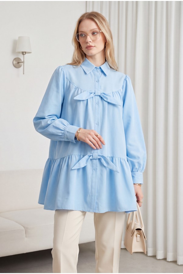 Button-Front Casual Shirt with Ribbon Detail -Blue