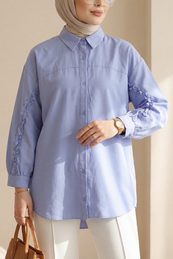 Kolları Fırfırlı Düğmeli Poplin Gömlek -Bebe Mavi