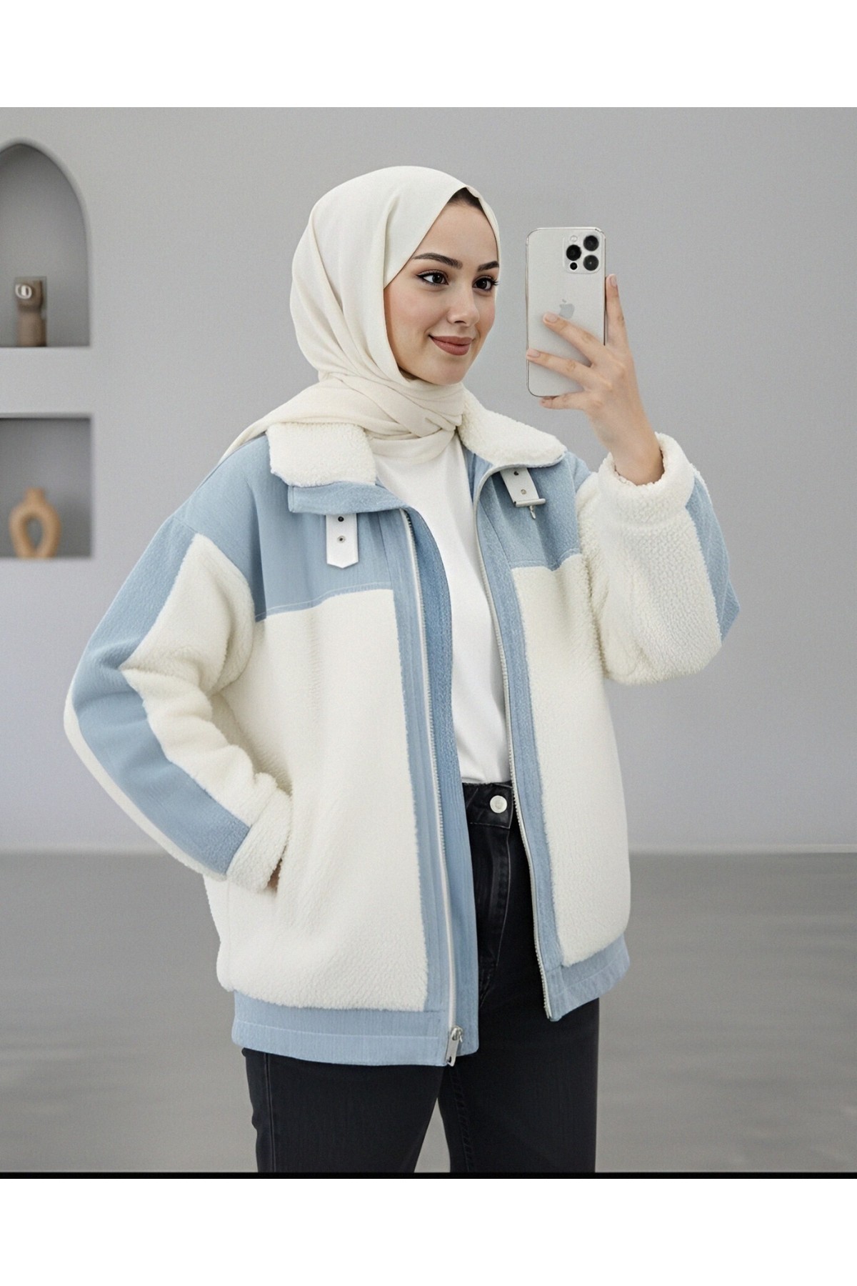 Kot Detaylı Astarlı Cepli Peluş Mont -Beyaz