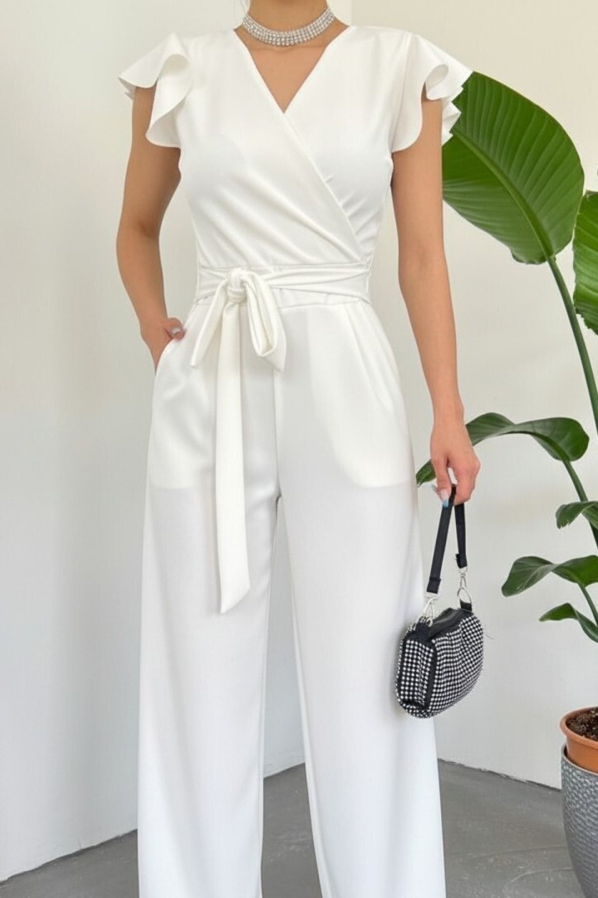 Zipper Detailed Ruffled Jumpsuit   -White