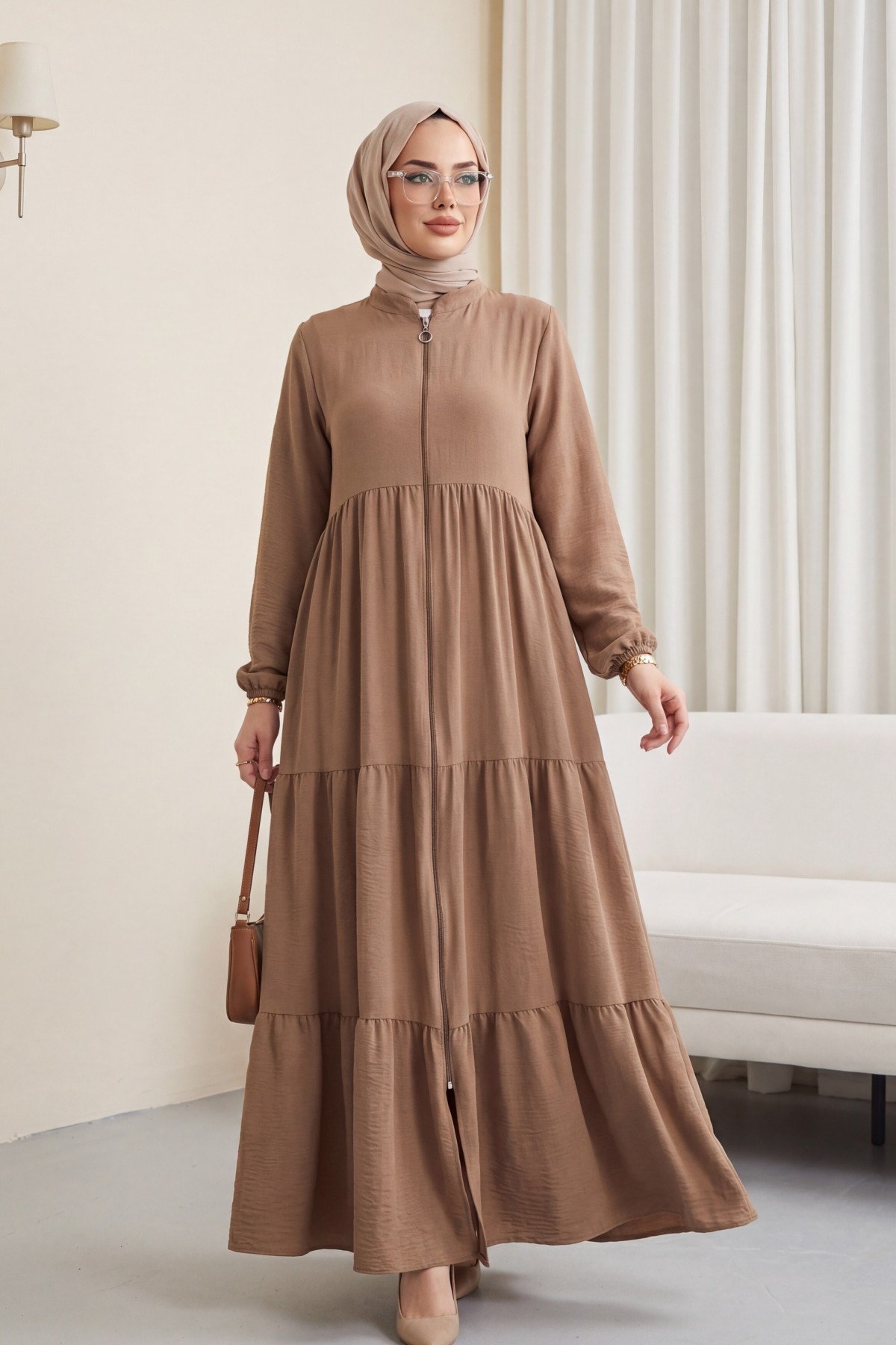 Ayrobin Abaya with Elasticated Sleeves and Zipper from the Neck -Mink color
