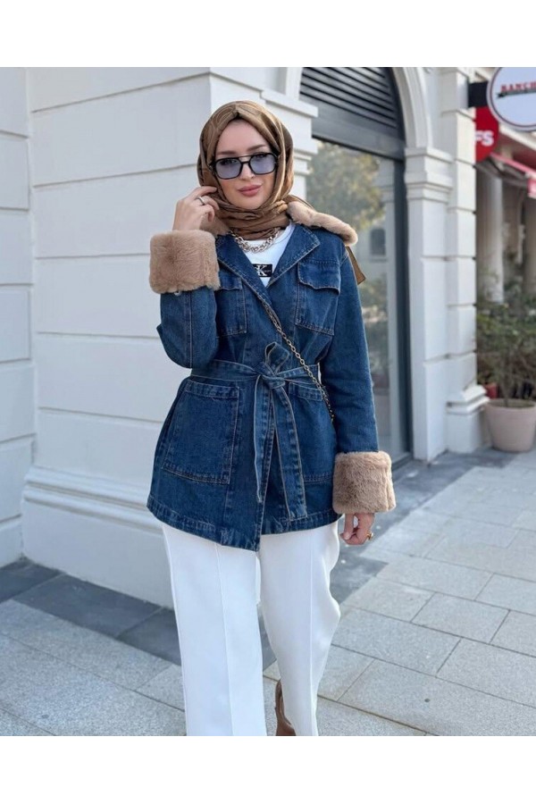 Yakası Ve Kolu Kürklü Önü Bağlamalı Cepli Kot Ceket -İndigo