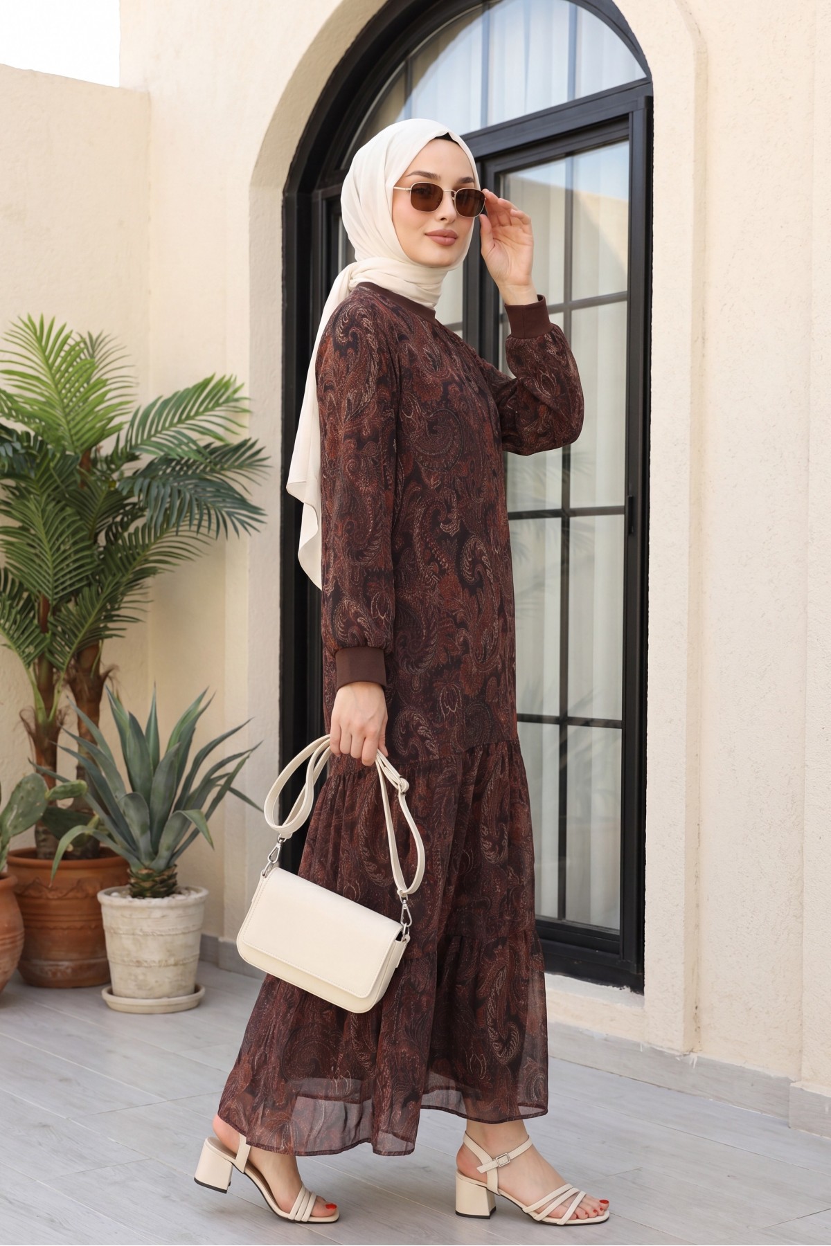 Ethnic Pattern Skirt Piece Lined Chiffon Dress  -Damson