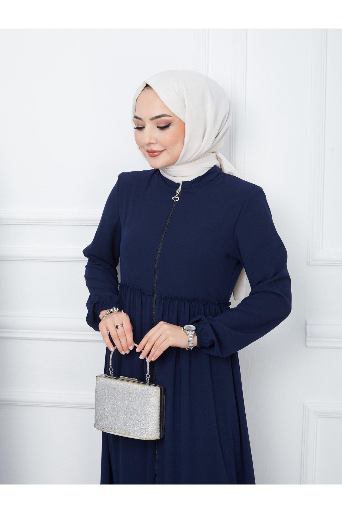 Parted Elastic Sleeve Full Zip Abaya -Navy blue