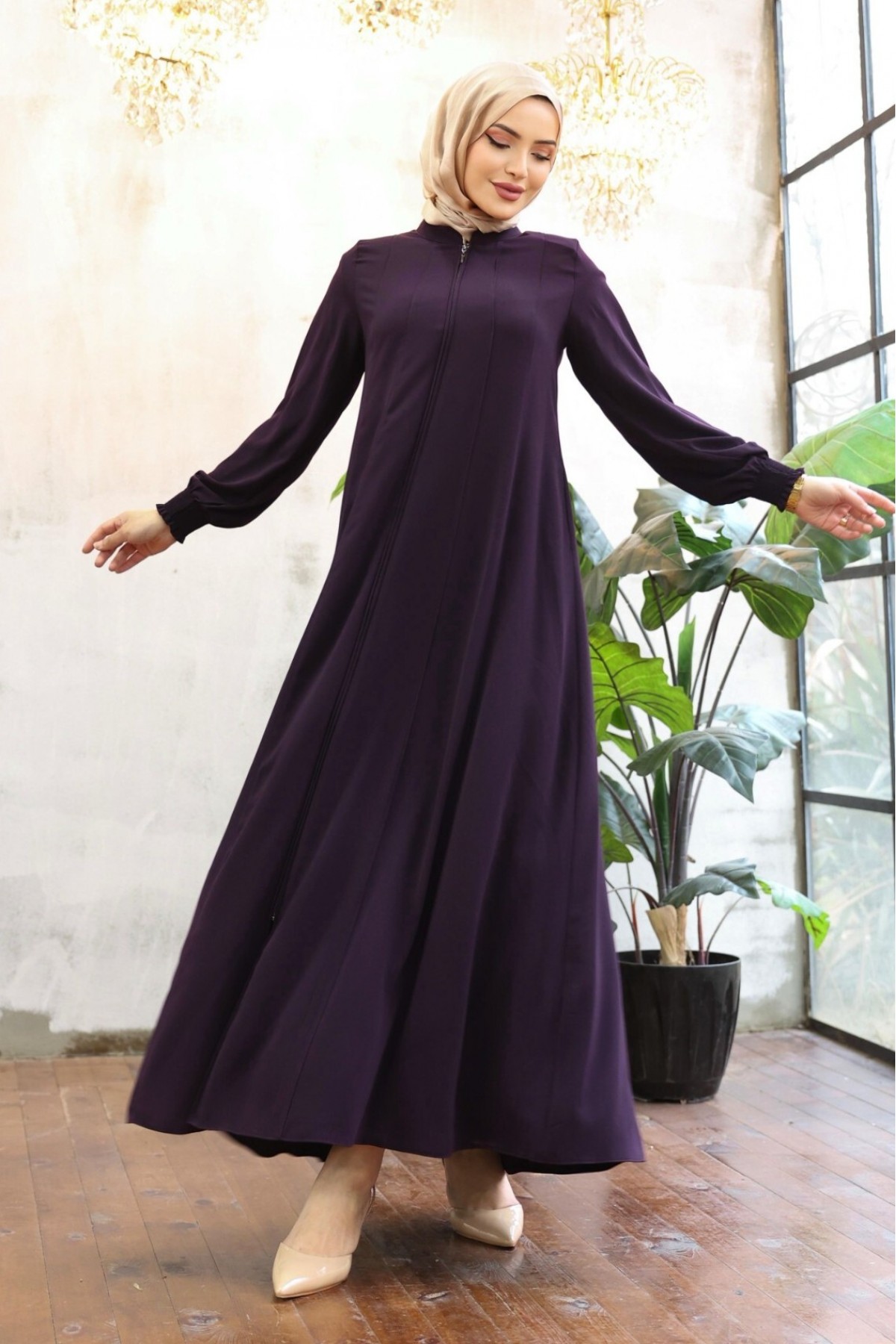 Side Pocket, Full Zipper, Elastic Sleeve Abaya - Purple