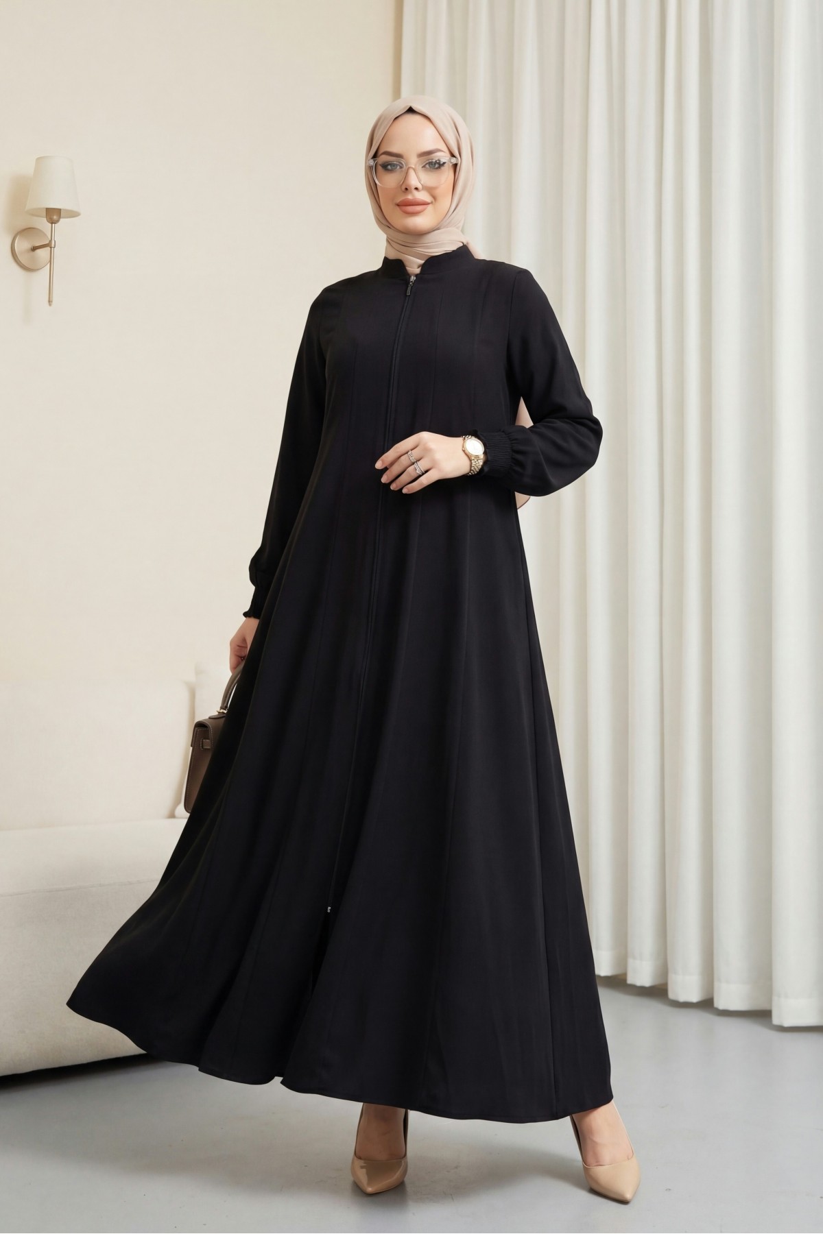 Side Pocket, Full Zipper, Elastic Sleeve Abaya -Black