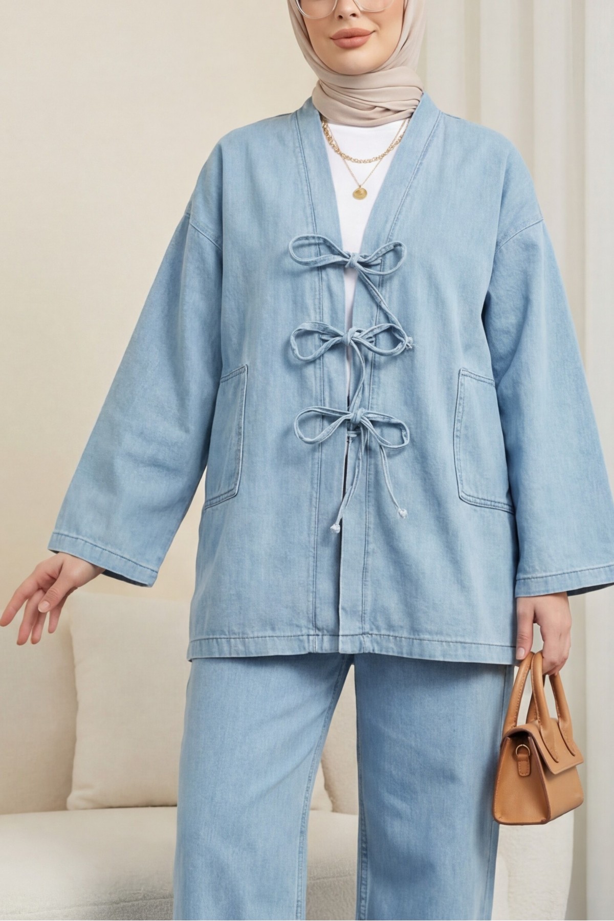 Front Tie Pocket Trouser Denim Kimono Set -Light blue