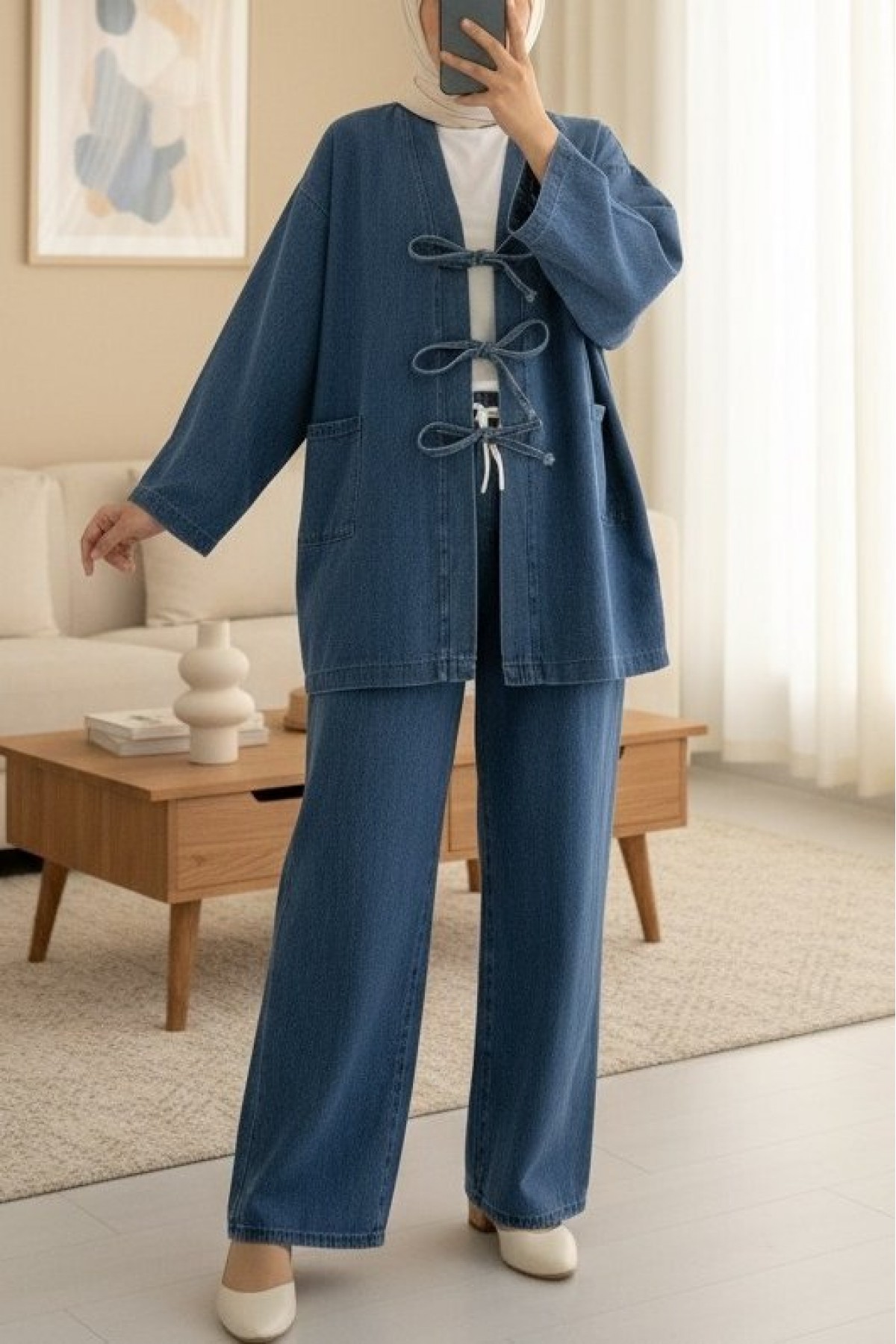 Önü Bağlamalı Cepli Pantolonlu Kot Kimono Takım   -Koyu Mavi