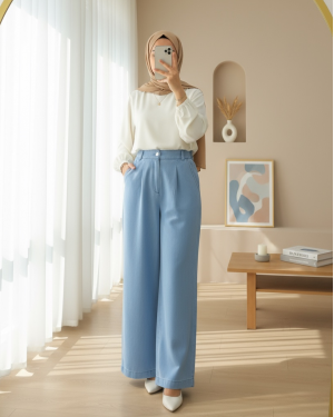 Yarım Lastikli Çift Cepli Bol Paça Kot Pantolon -Açık Mavi