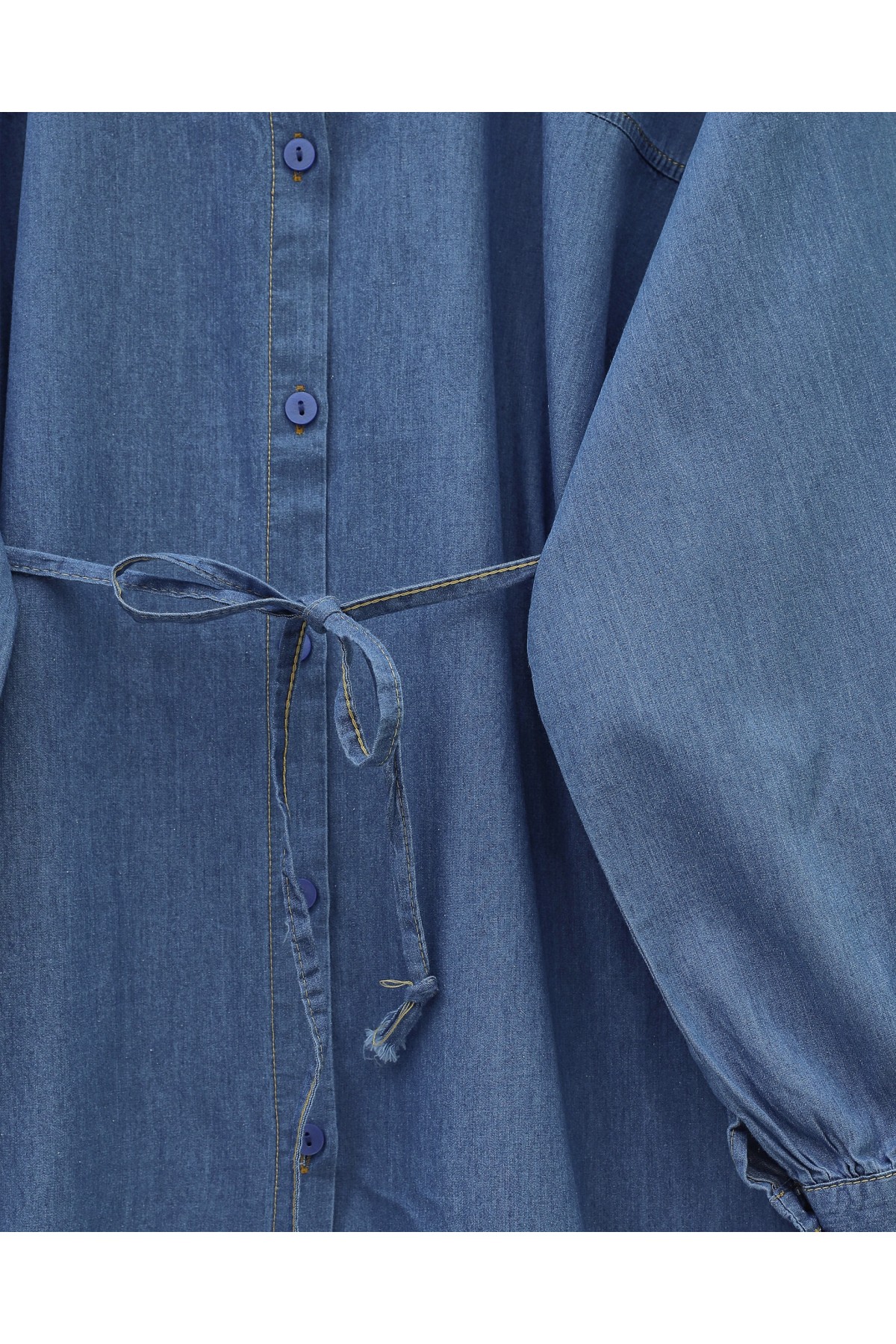 Buttoned Waist Tie Denim Shirt -İndigo