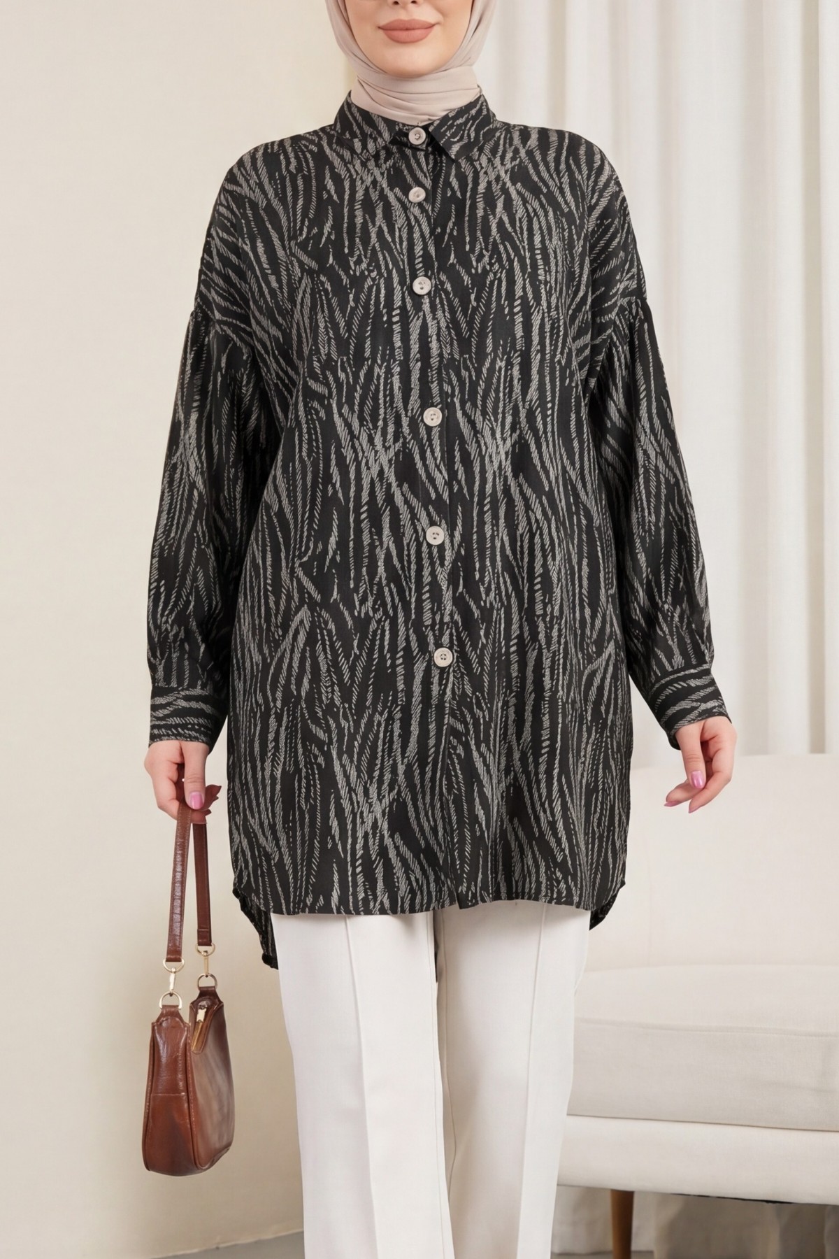 Striped Patterned Buttoned Viscose Tunic -Black