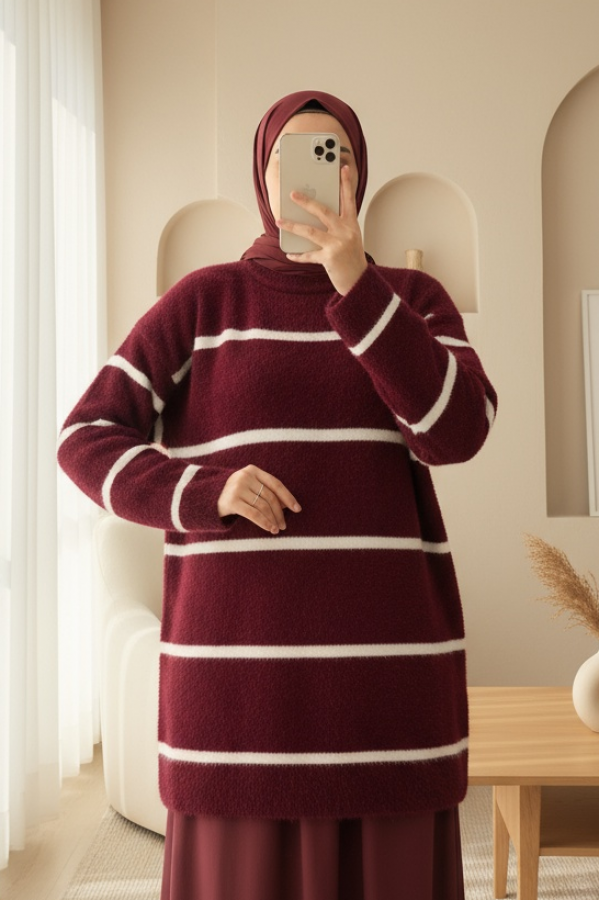 Çizgili Salaş Sakallı Triko Tunik -Bordo