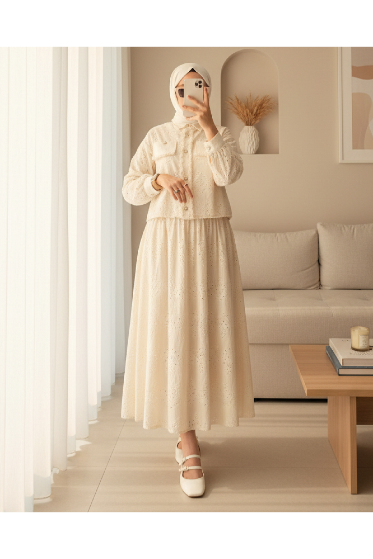 Tassel Detailed Pearl Buttoned Skirt Suit - Beige