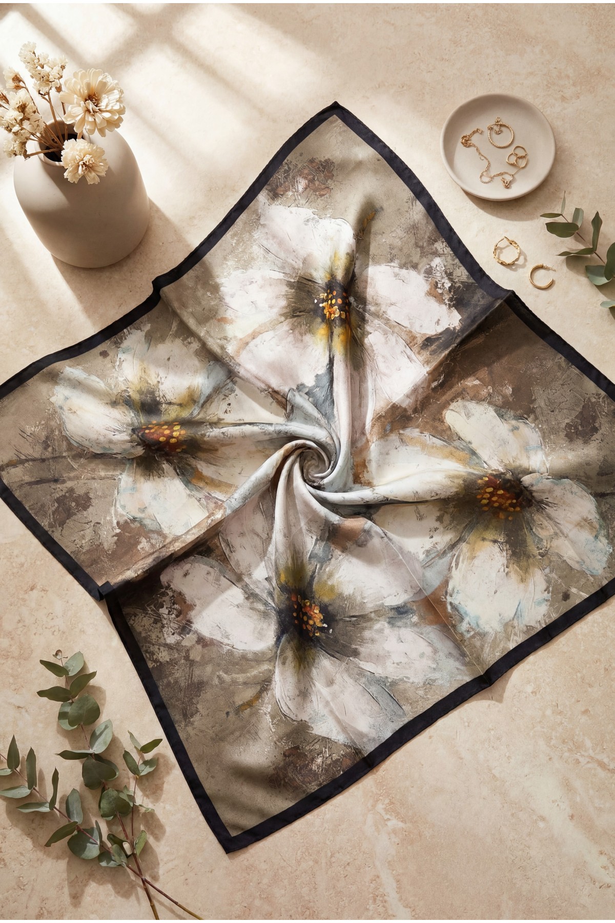 Baskı Efektli Rayon Eşarp -Haki