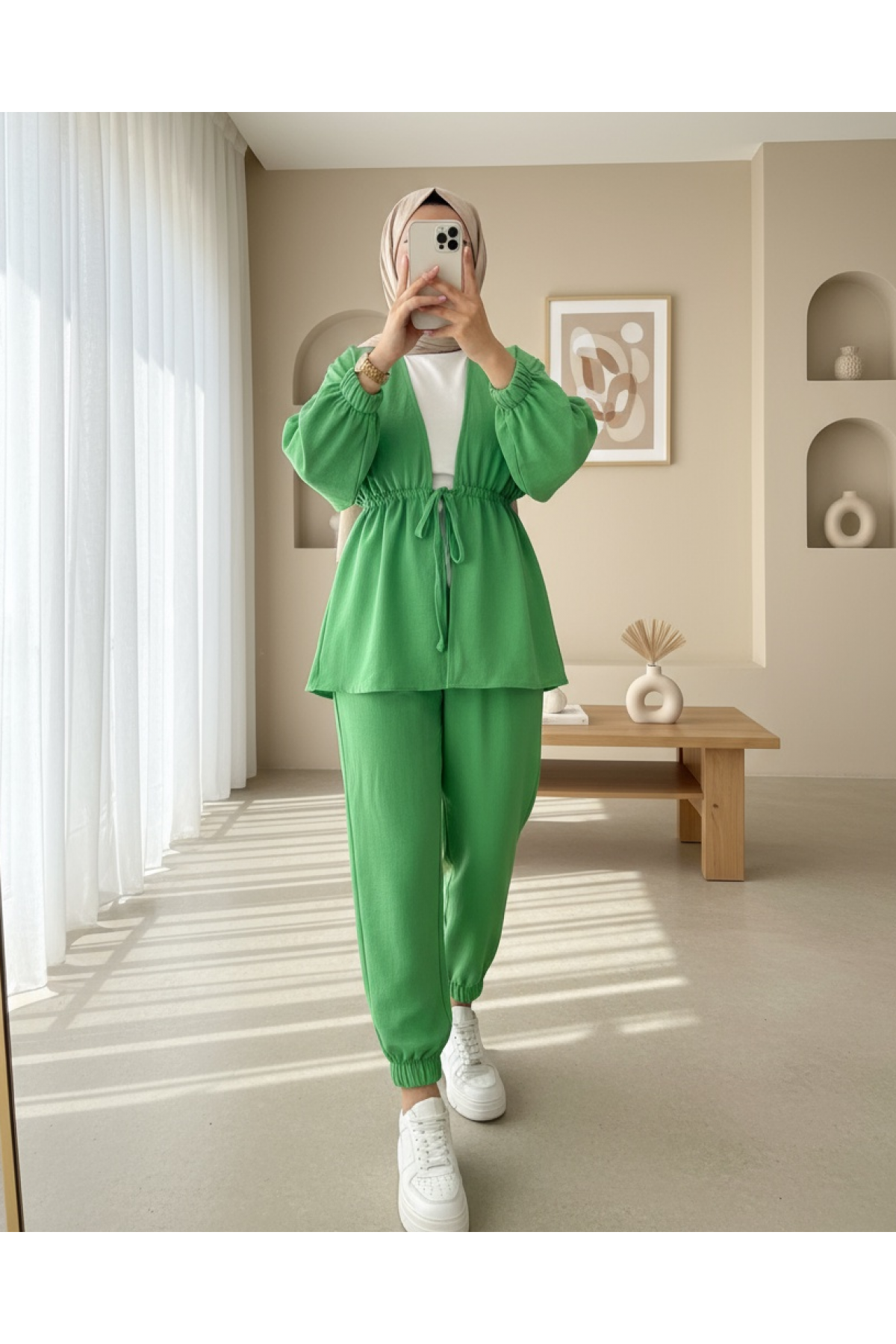 Tie Waist Elastic Double Linen Set -Green
