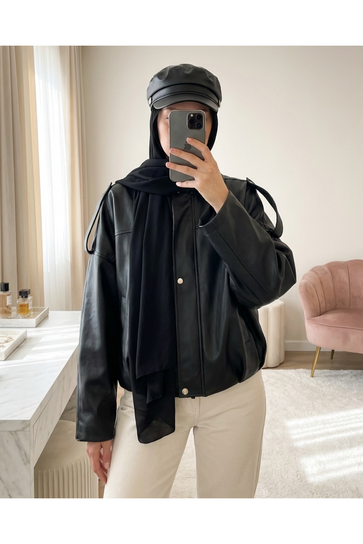 Kadın Oversize Deri Ceket 1055 - Siyah