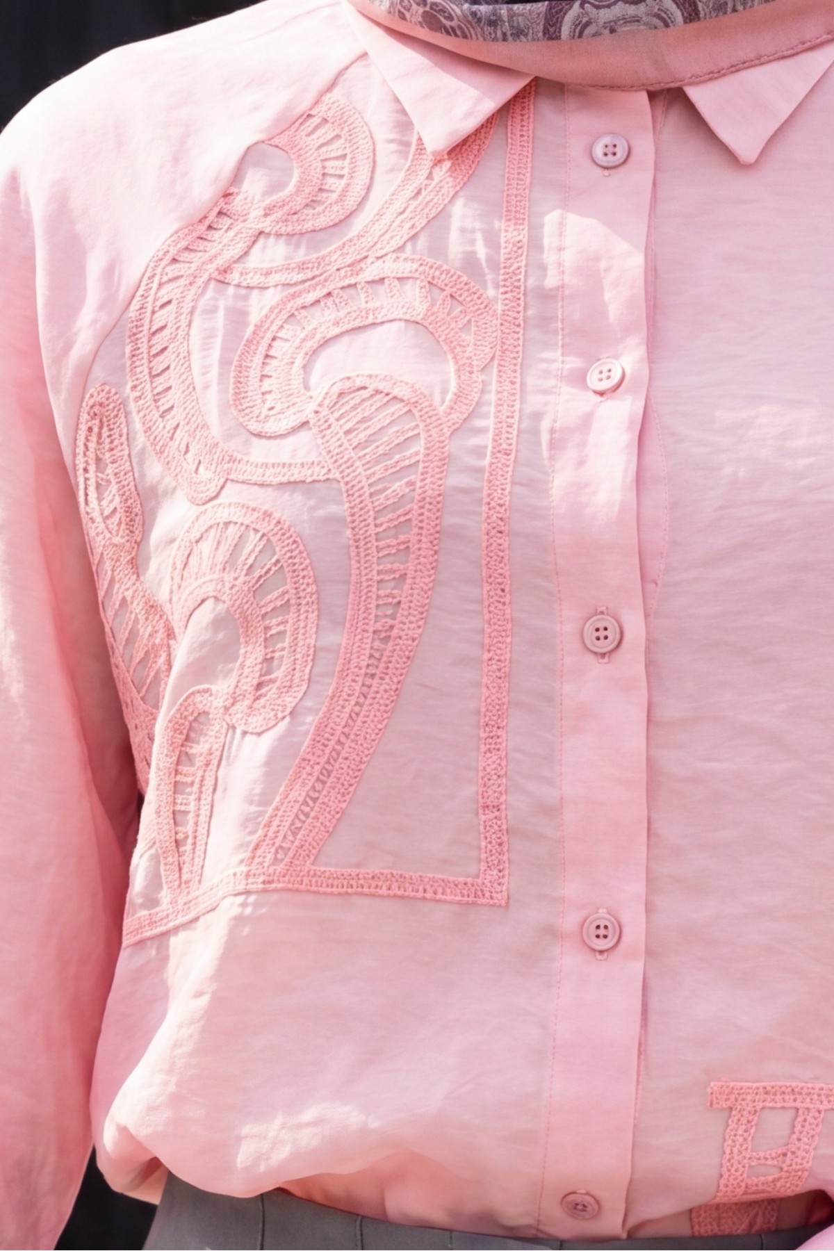 Asymmetrical Embroidered Buttoned Tulle Voile Tunic -Pink