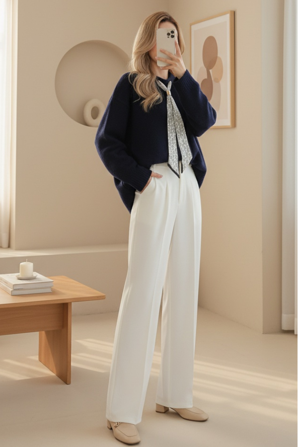 Soft Knitted Sweater with Scarf -Navy blue