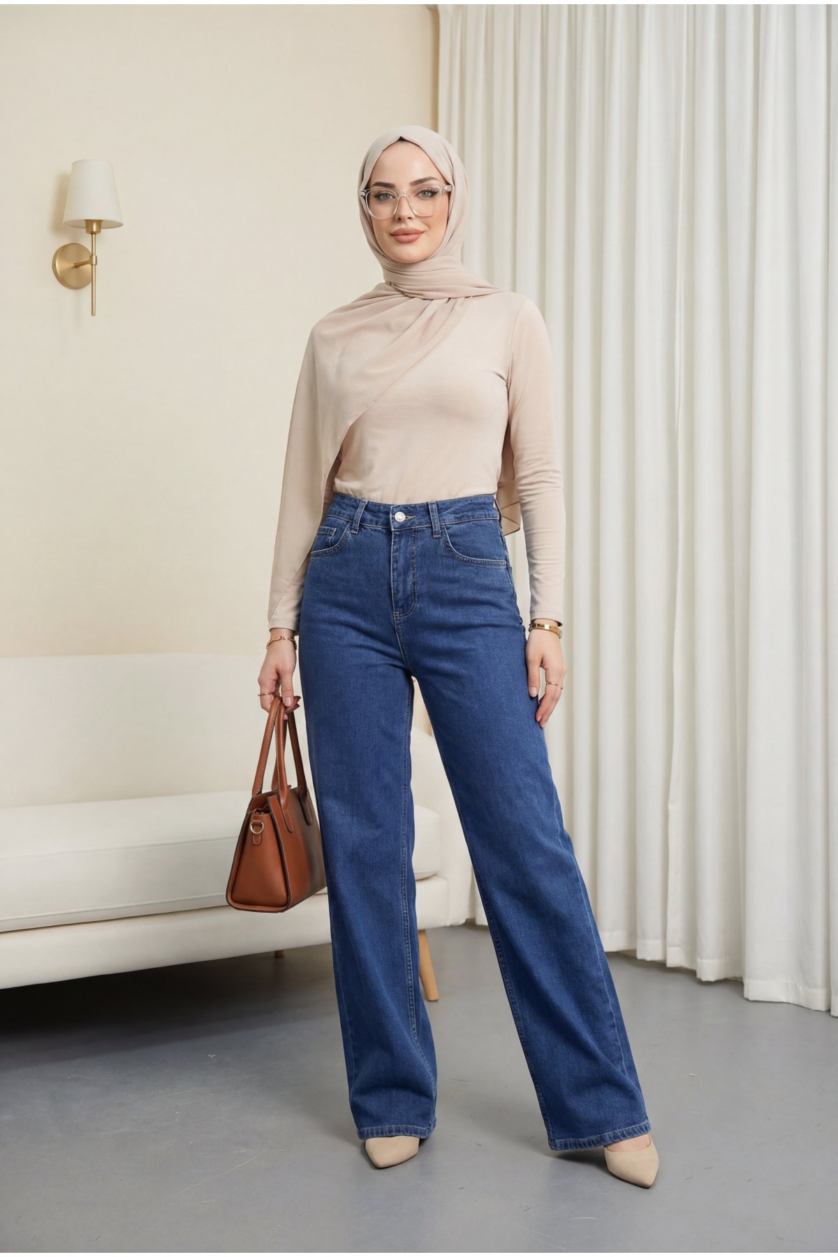 Palazzo Jeans with Pockets and Zipper -Blue