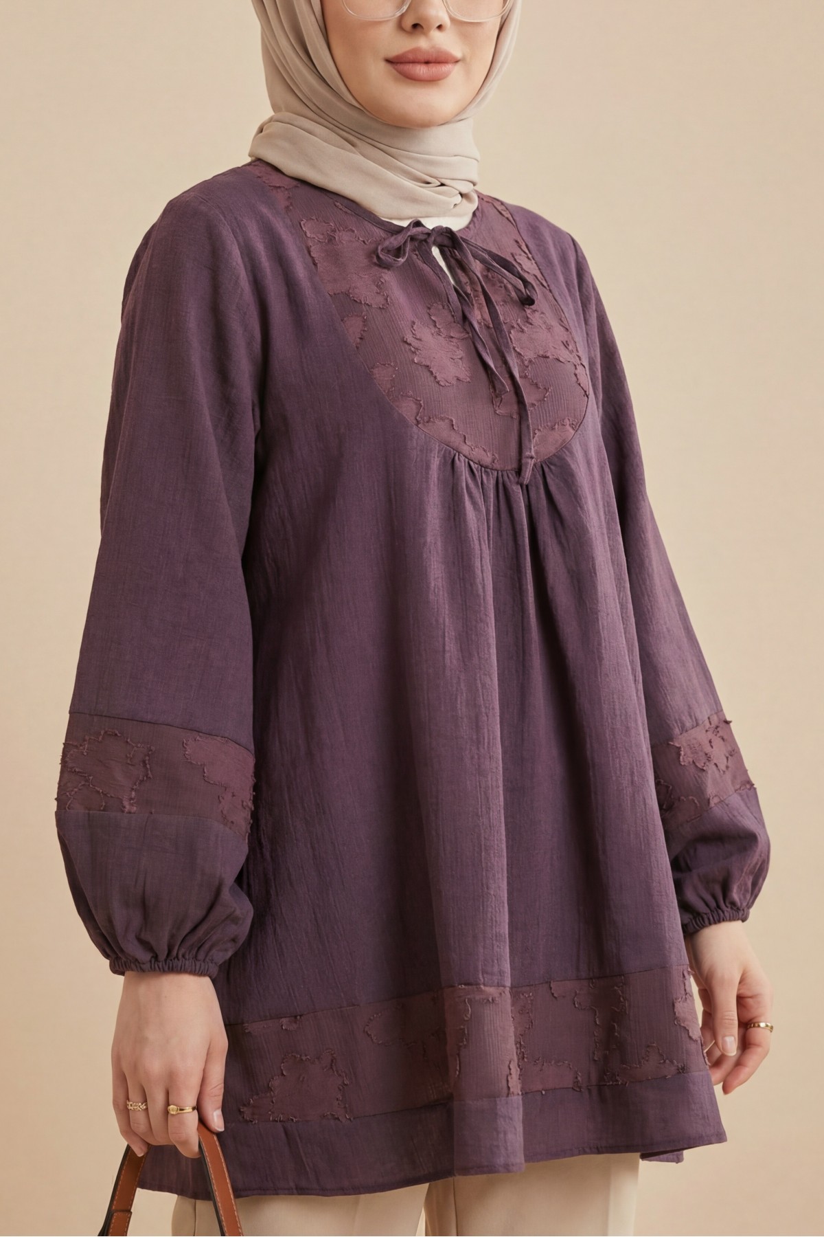 Modal Tunic with Tie Neckline and Elasticated Sleeves -Damson