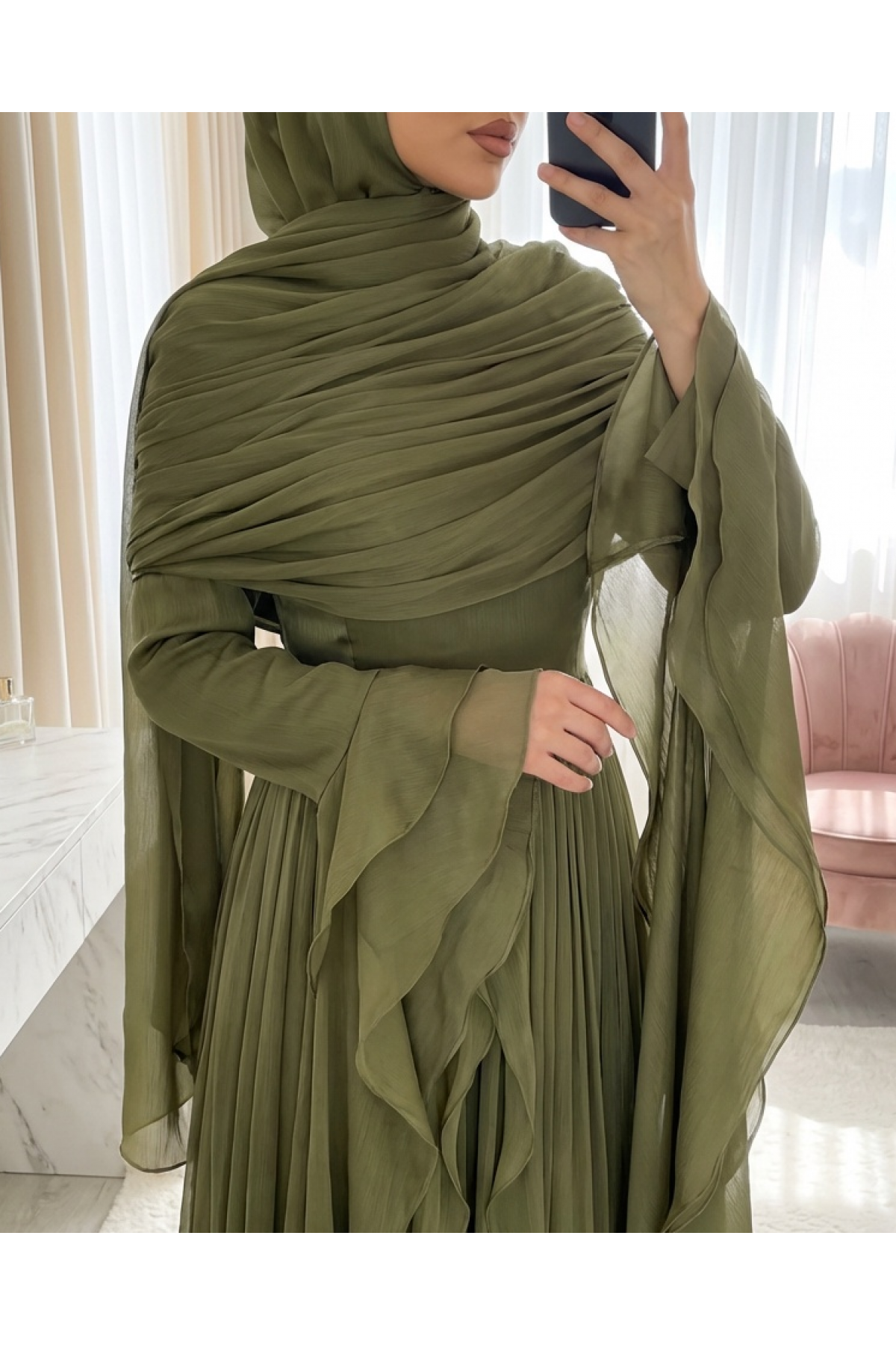 Strapless Ruffled Draped Silky Organza Evening Dress -Khaki