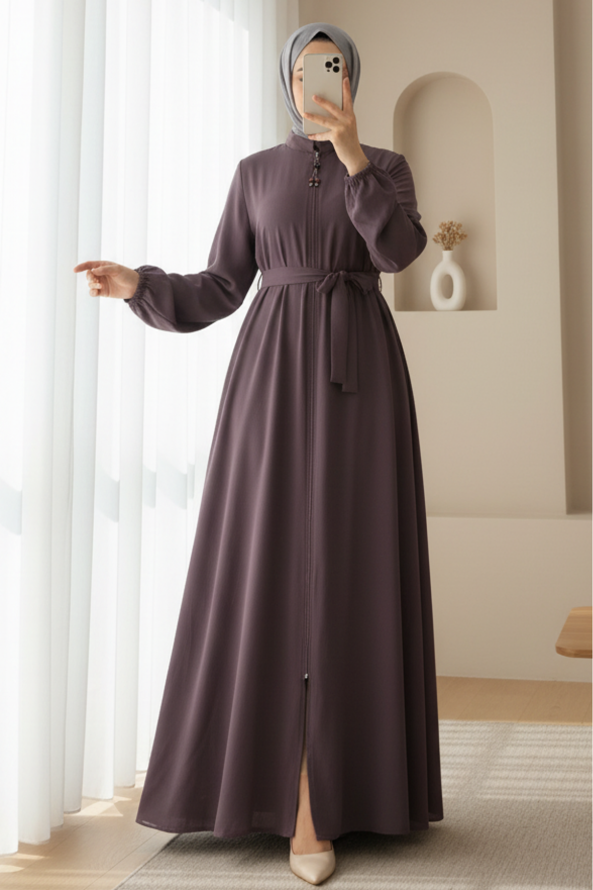 Medina Silk Abaya with Zippered Sleeves and Elastic Waist Belt -Cherry Color