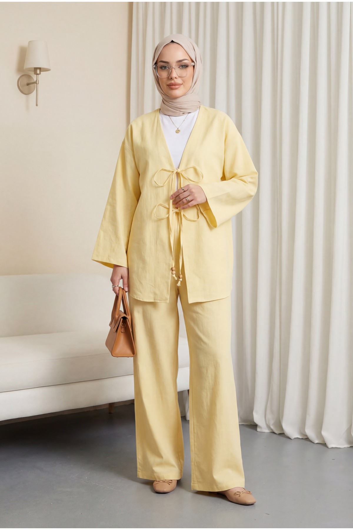 Önü Çift Bağlamalı Pantolonlu Kimono Takım       -Açık Sarı