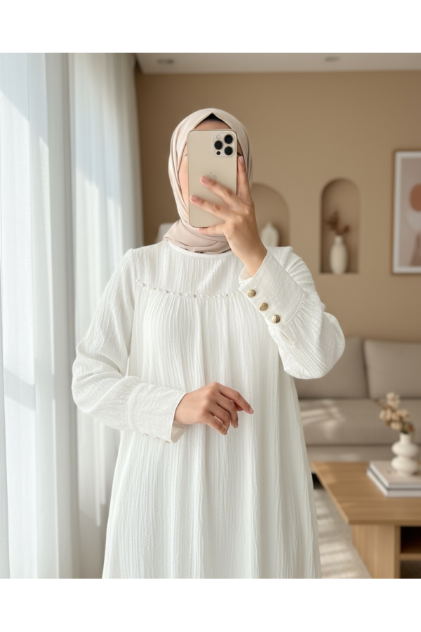 Robası İncili Taşlı Kolu Düğmeli Salaş Tunik -Beyaz