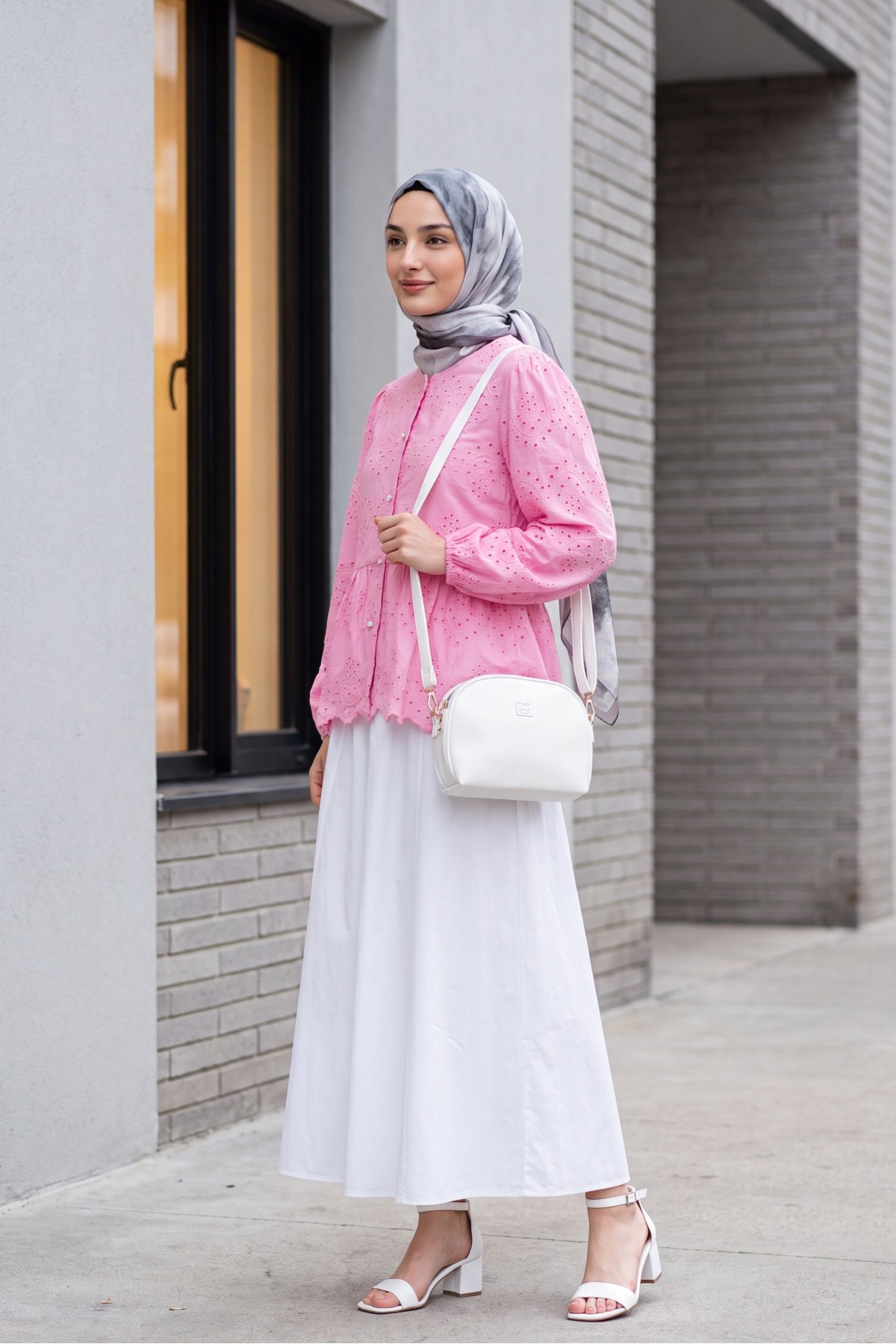 Elastic Sleeve Openwork Buttoned Lined Shirt  -Pink detay görseli