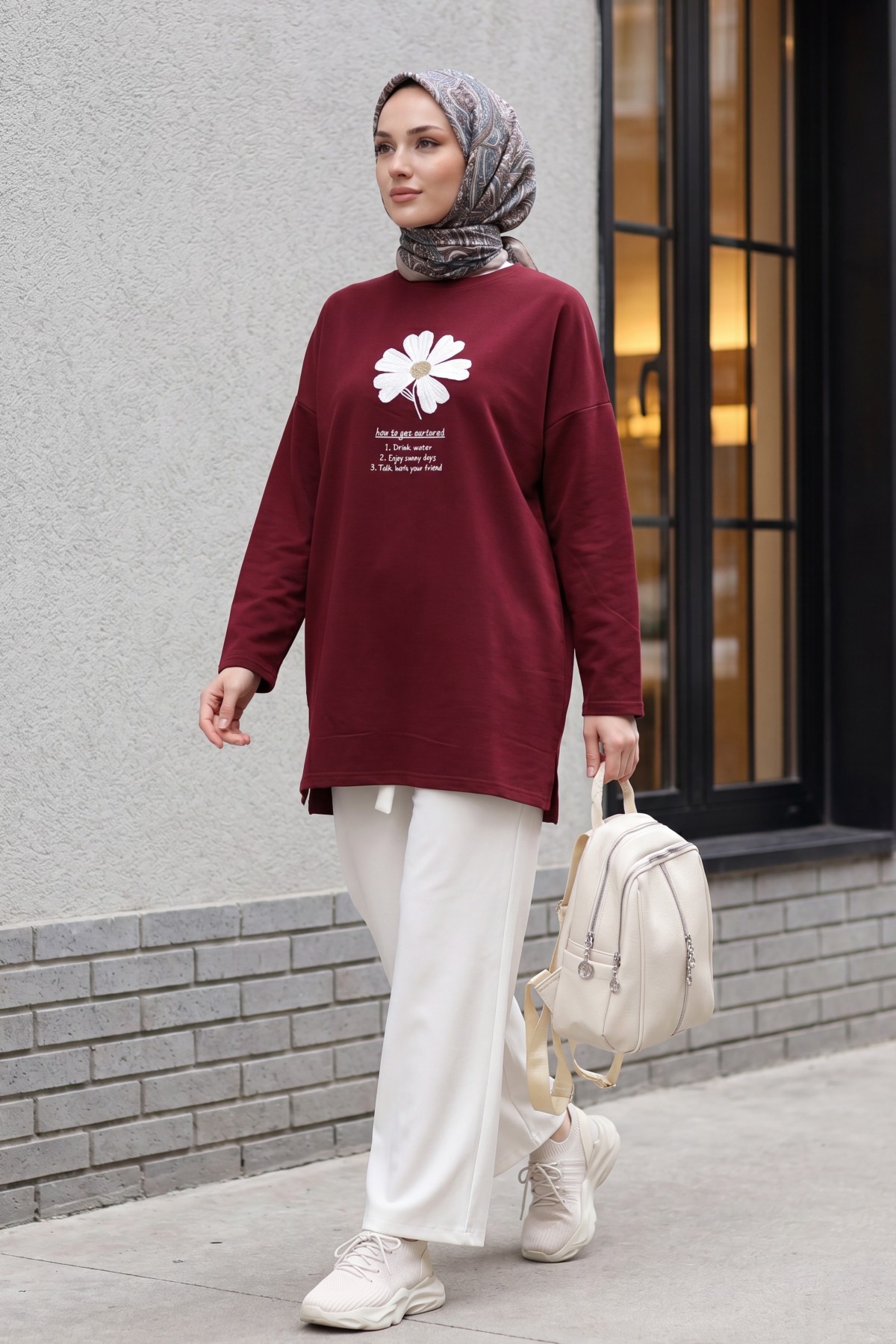 Crew Neck Cotton Tunic with Floral Embroidery on the Front  -Maroon