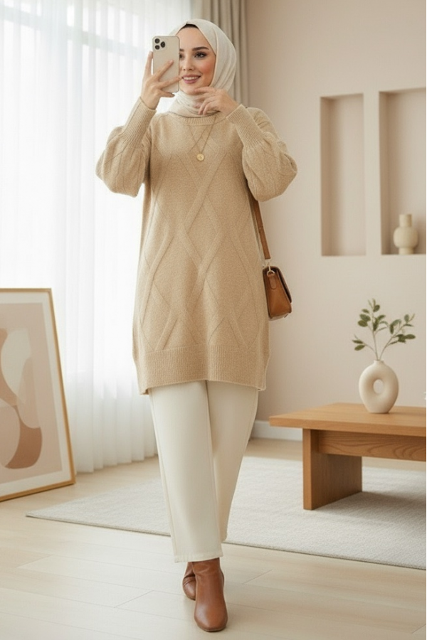 Soft Knit Tunic with Diamond Pattern -Light Mink