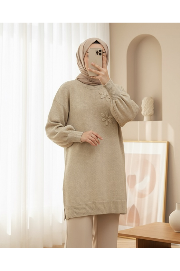 Flower Patterned Stoned Soft Knit Sweater -Light Mink
