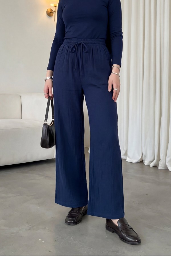 Beli Lastikli Bağcıklı Bol Paça Müslin Pantolon  -Lacivert
