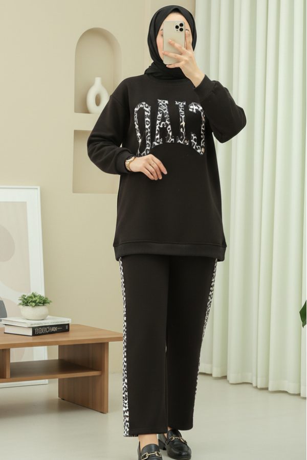 Önü Yazılı Leopar Deseni Detaylı Üç İplik Sweat Takım  -K. Kahve