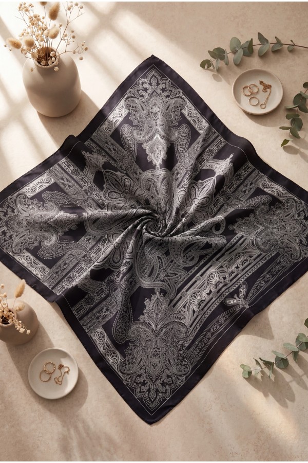 Eskiz Desenli Rayon Eşarp -Koyu Lacivert