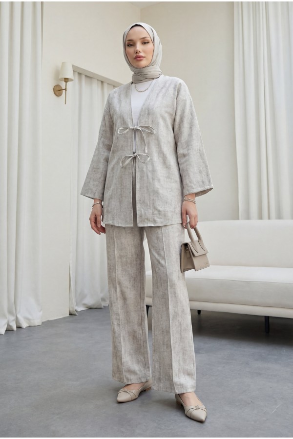Önü Bağlamalı Pantolonlu Keten Görünümlü Kimono Takım  -Taş