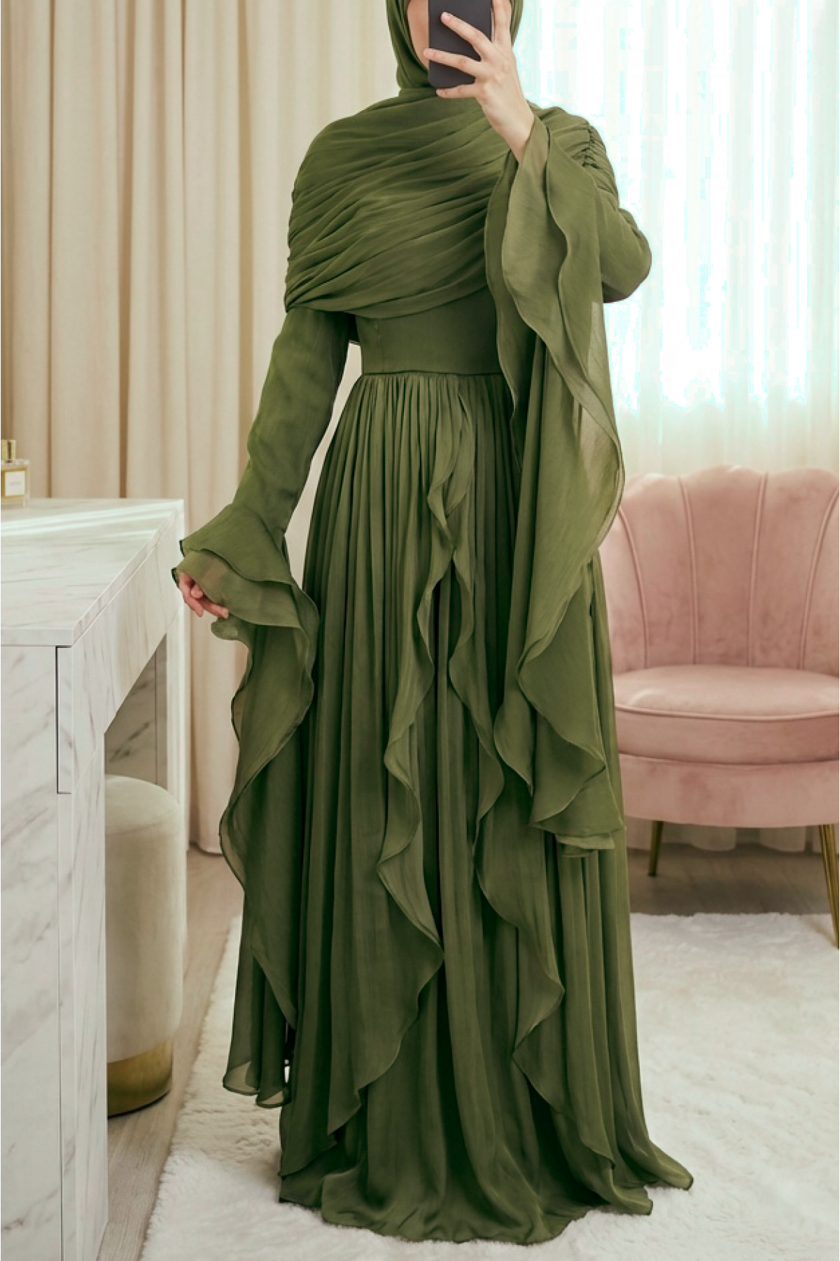 Strapless Ruffled Draped Silky Organza Evening Dress -Khaki