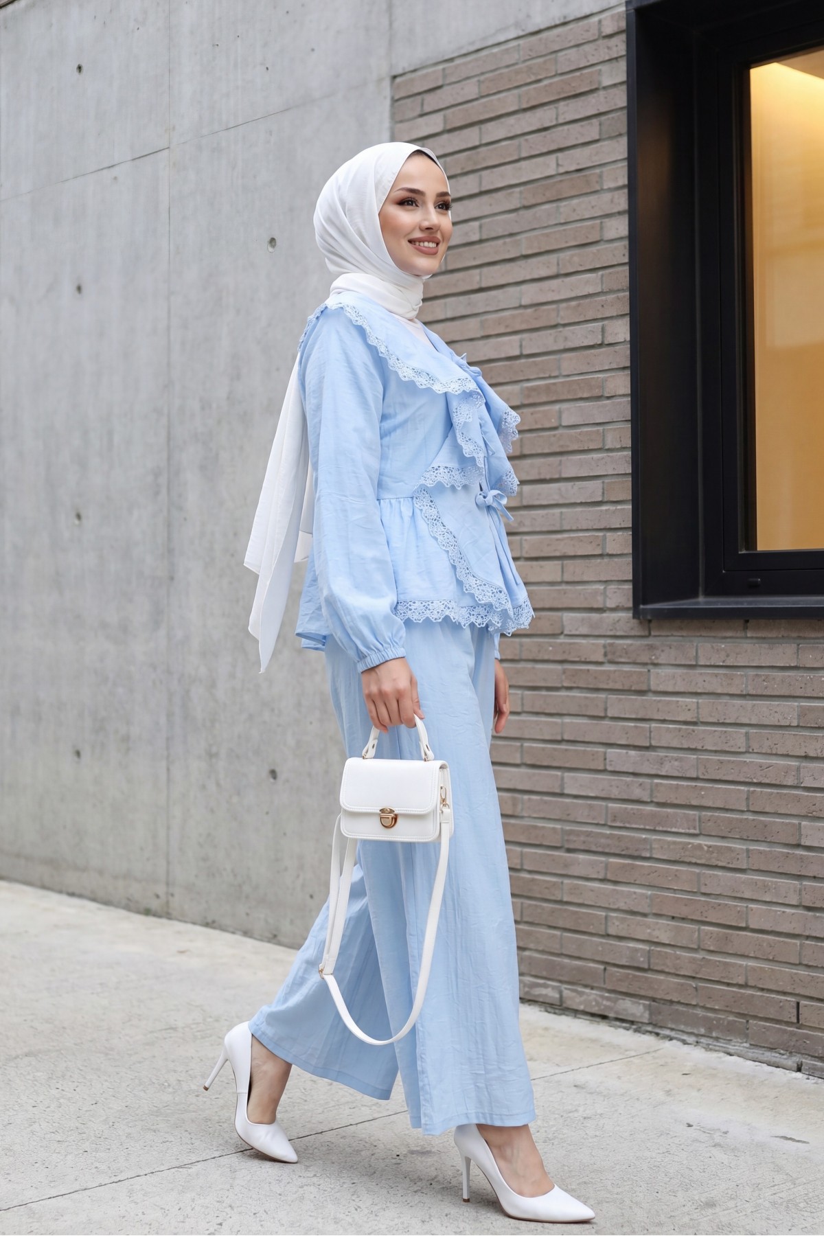 Strawberry Set with Lace Detail and Front Tie-Up Pants -Baby Blue
