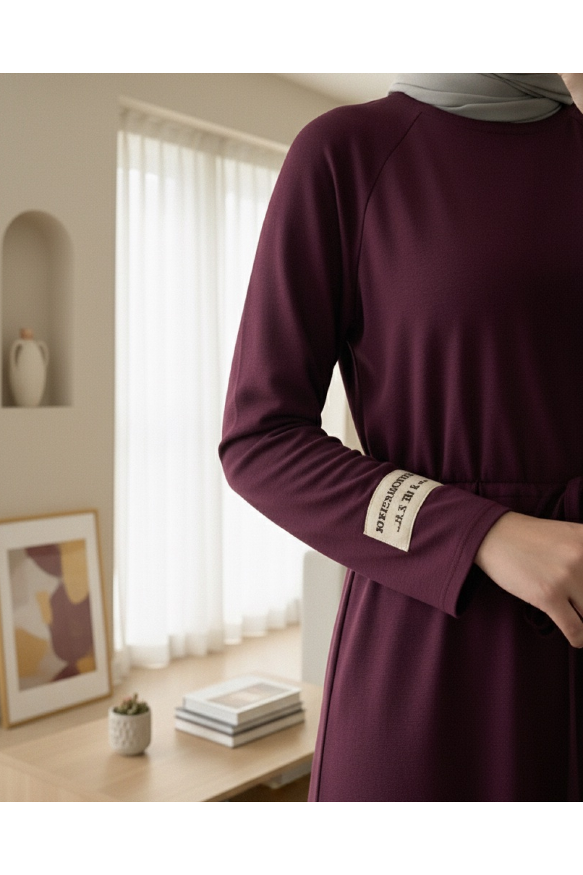 Round Neck Tied Waist Oysho Dress -Damson