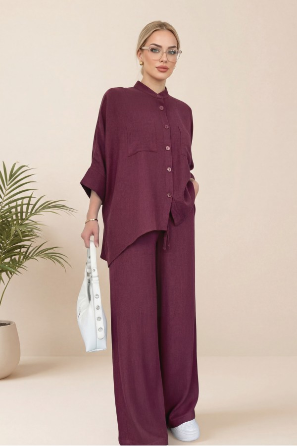 Double Pocket Half Bat Sleeve Loose Shirt Set  -Maroon