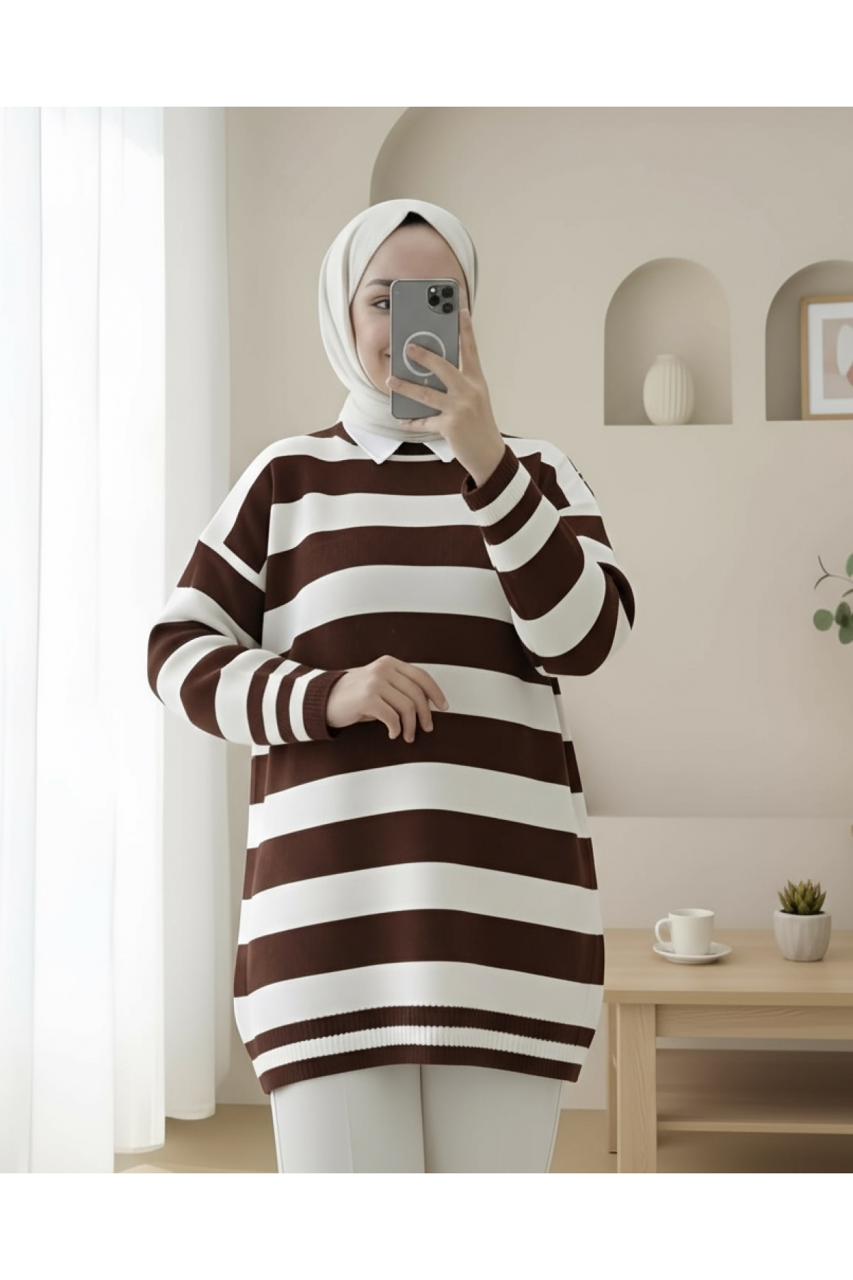 Side Striped Soft Winter Knitwear Tunic  -Brown