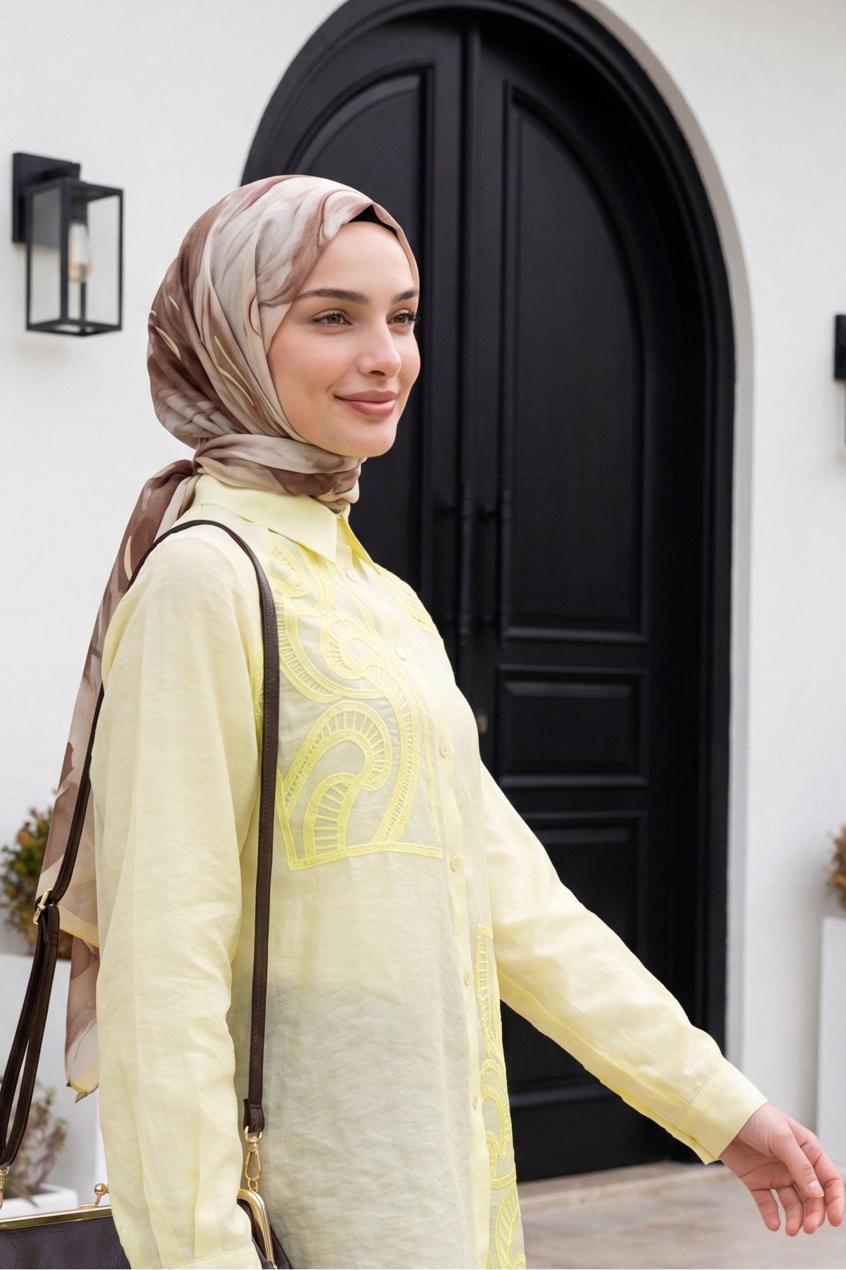 Asymmetrical Embroidered Buttoned Tulle Voile Tunic -Yellow